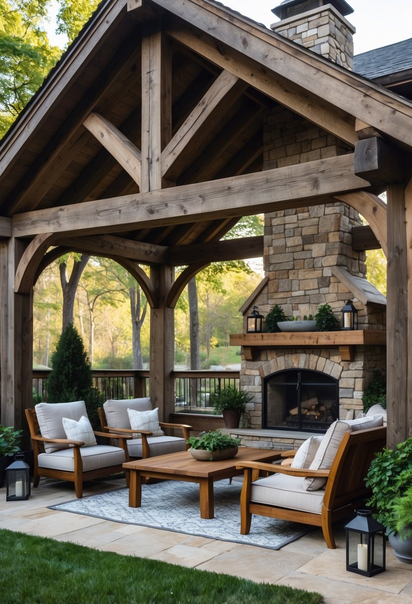 A backyard pavilion with wooden beams and a stone fireplace surrounded by outdoor seating and greenery.