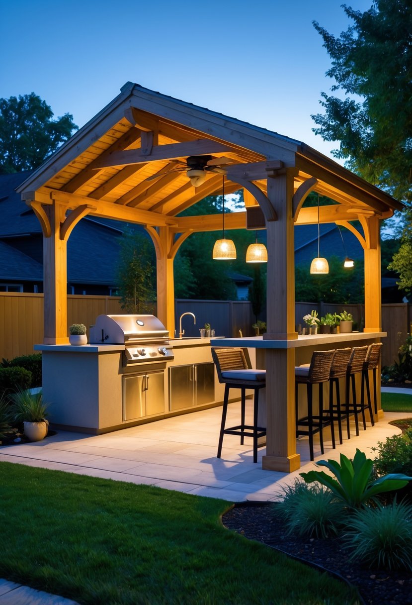 Backyard pavilion with a built-in outdoor kitchen and bar, surrounded by green grass and plants.
