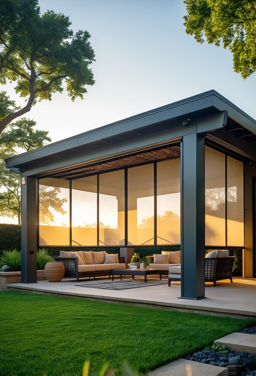 A backyard pavilion with retractable screens, outdoor furniture, and surrounding greenery.