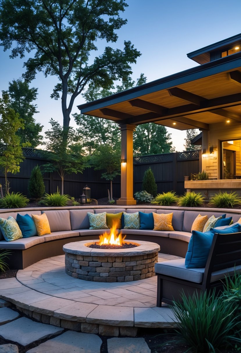 Sunken backyard seating area with a wooden pavilion and a central fire pit surrounded by cushioned benches.