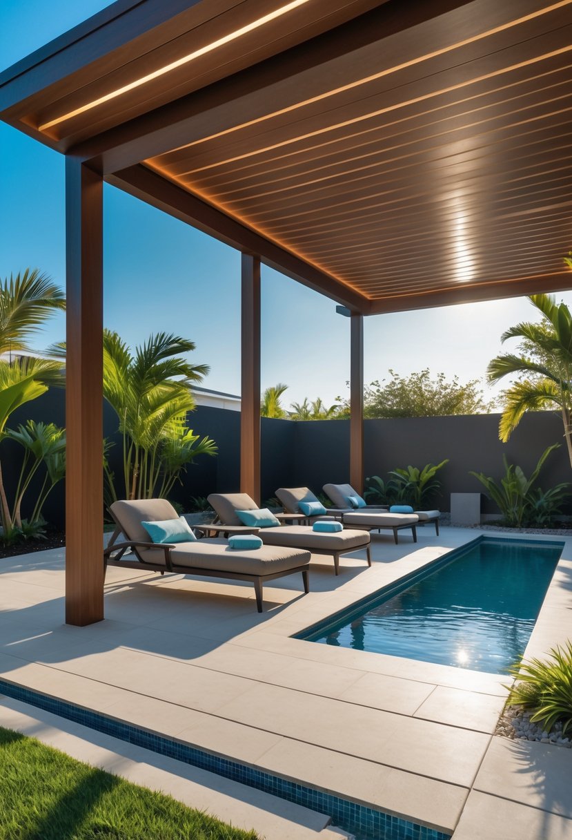 Backyard poolside pavilion with lounge chairs next to a swimming pool surrounded by greenery.