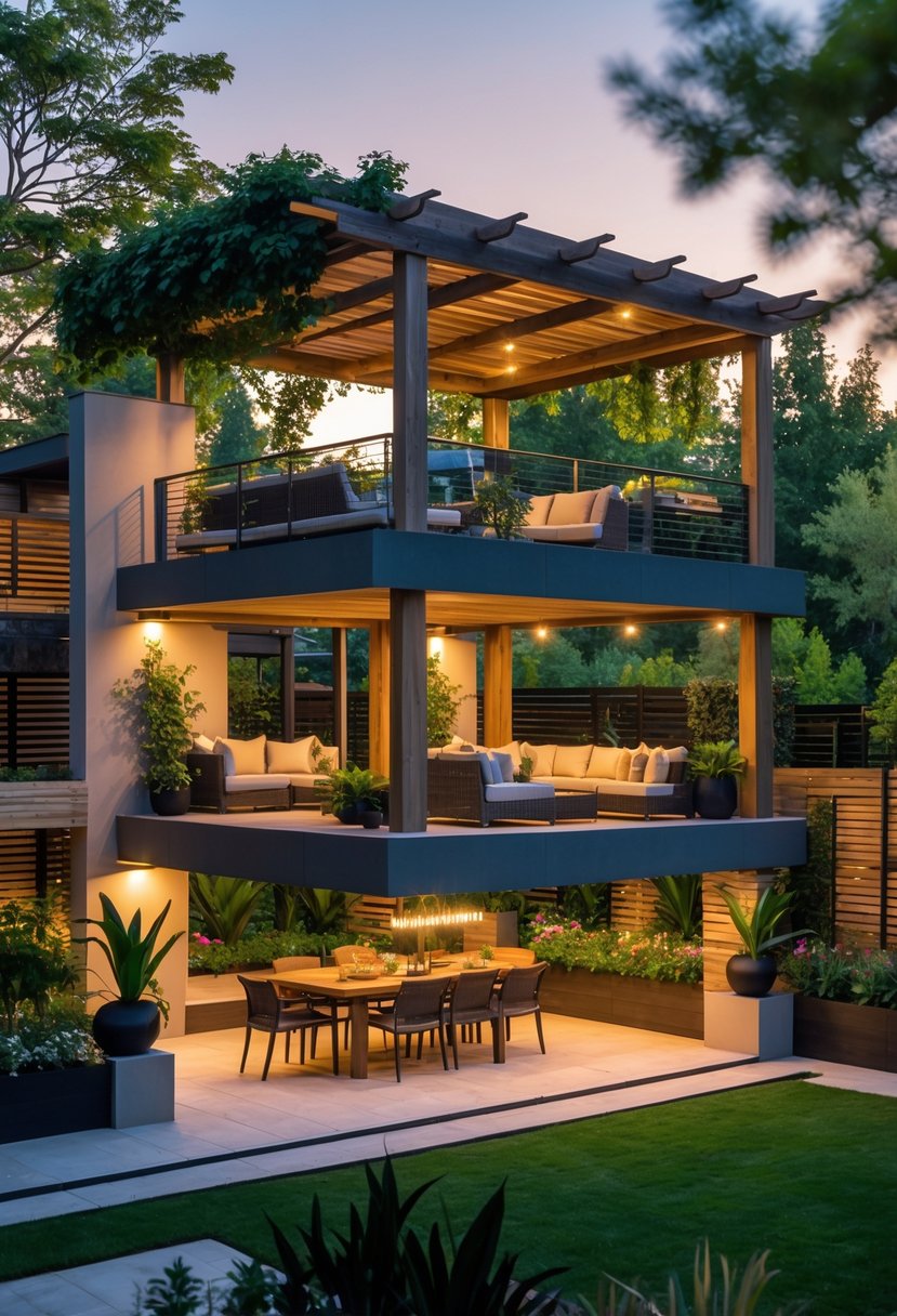 A multi-level backyard pavilion with outdoor dining and seating areas surrounded by trees and plants.