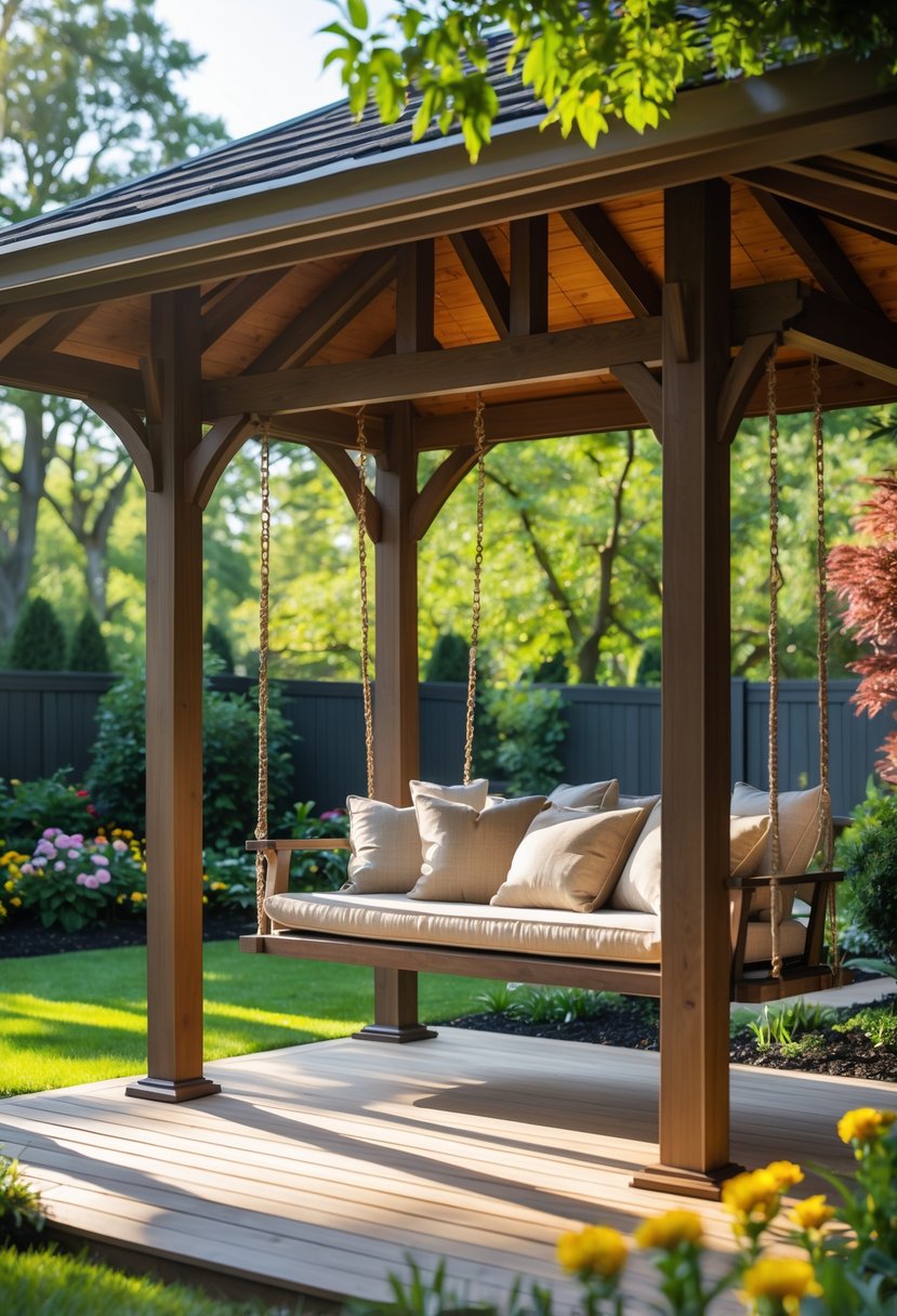 A backyard pavilion with cushioned swing seats surrounded by greenery and trees.