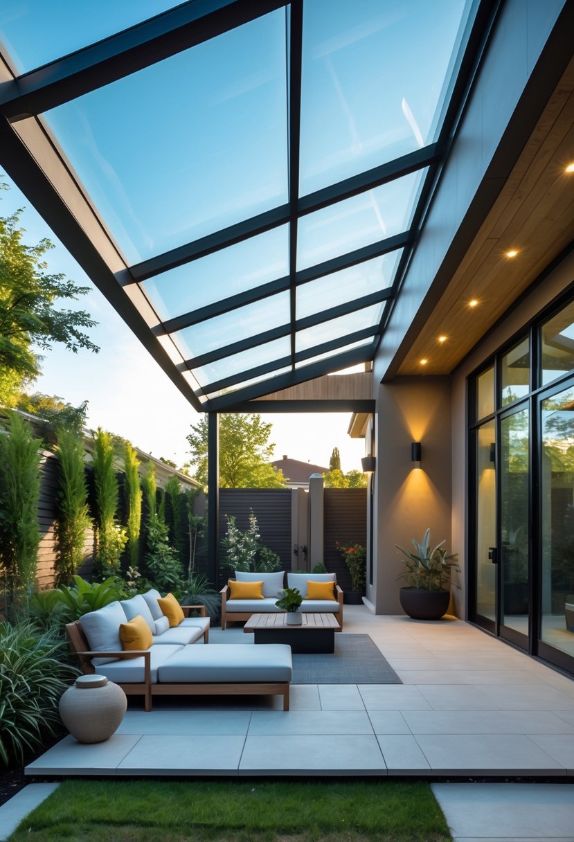 A backyard pavilion with skylights, wooden beams, outdoor seating, and surrounding greenery under a clear sky.