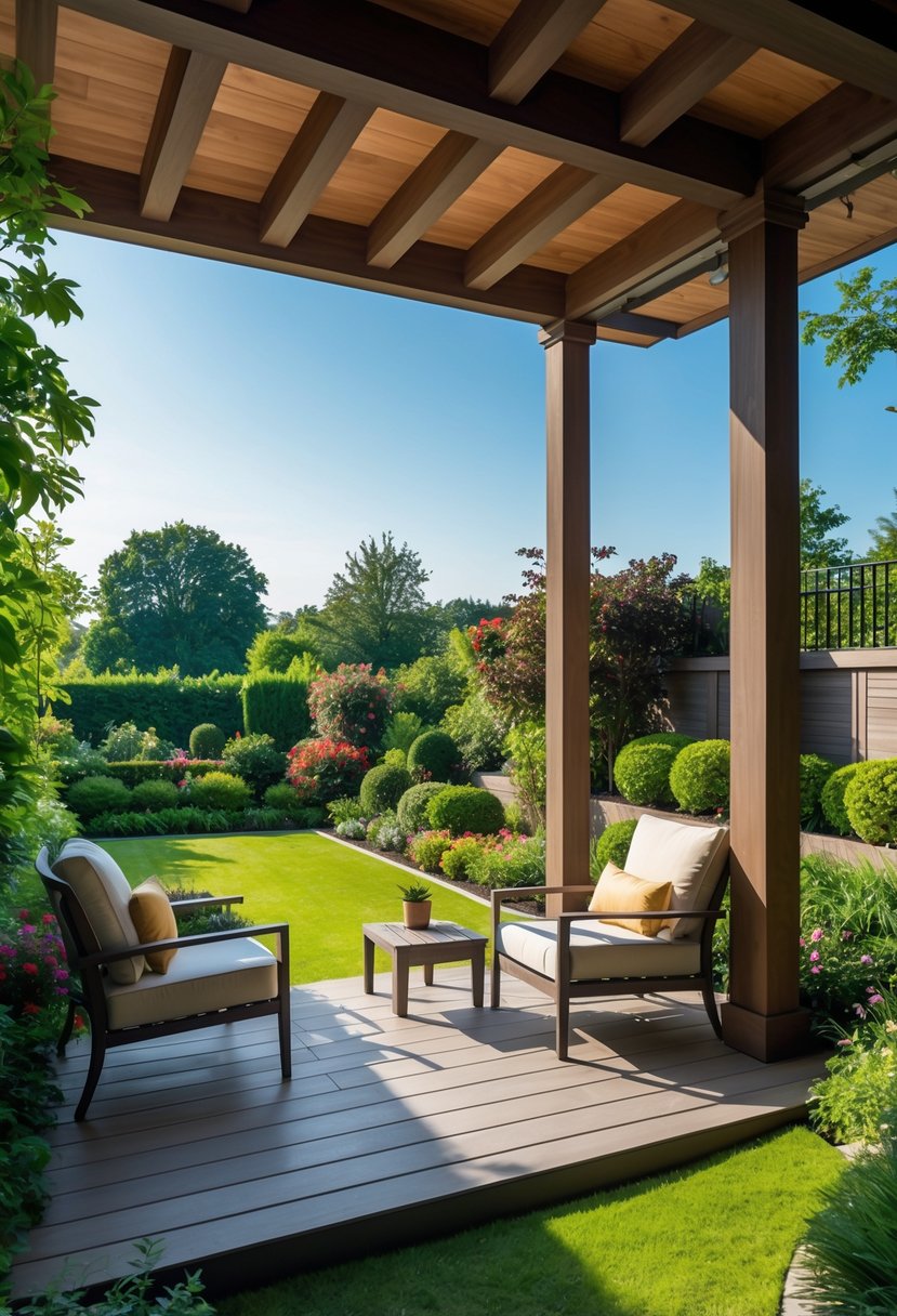 Elevated backyard pavilion overlooking a lush garden with outdoor seating and greenery.