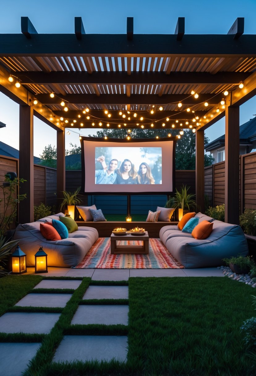 Backyard pavilion with outdoor seating and a large projector screen set up for an alfresco movie night at dusk.