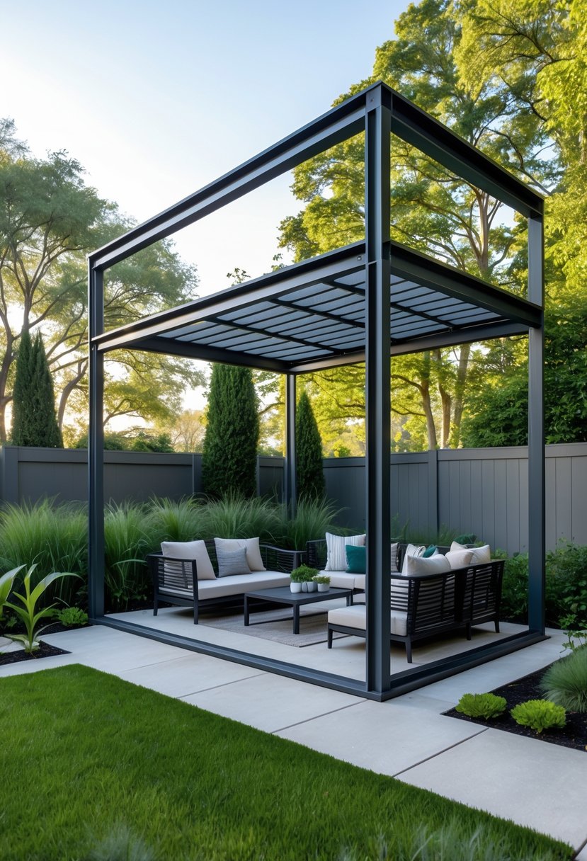 A backyard pavilion with metal framing surrounded by grass and trees, featuring outdoor seating under an open roof.