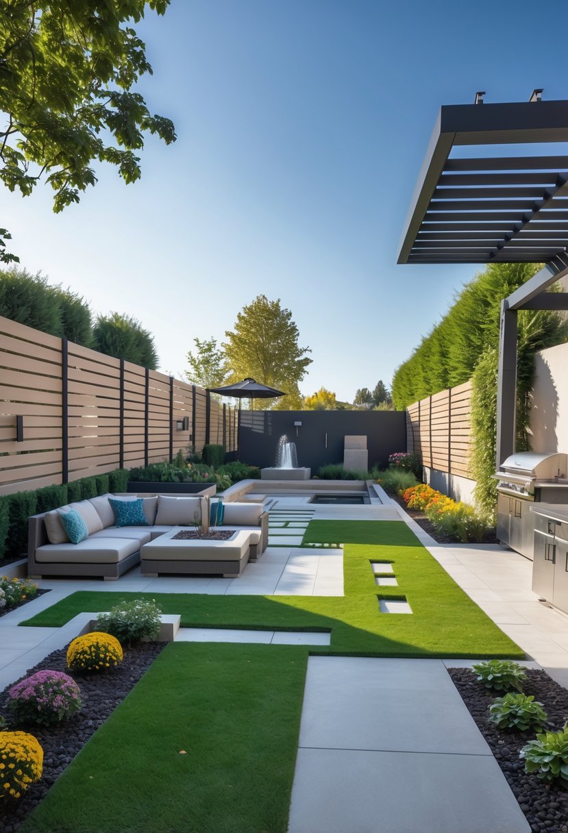 A modern backyard with outdoor furniture, a fire pit, green lawn, flower beds, a pergola, water feature, and outdoor kitchen under a clear sky.