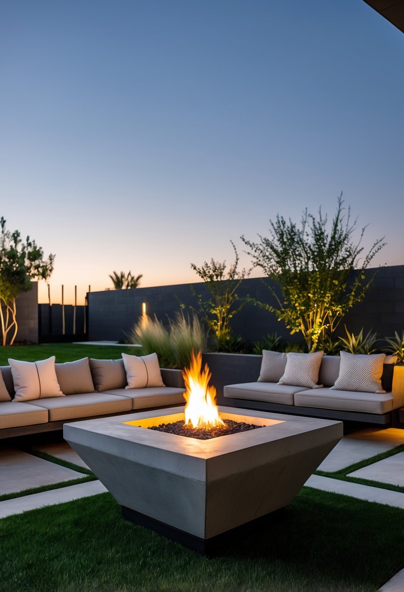 A backyard with a geometric concrete fire pit surrounded by outdoor seating and greenery during sunset.