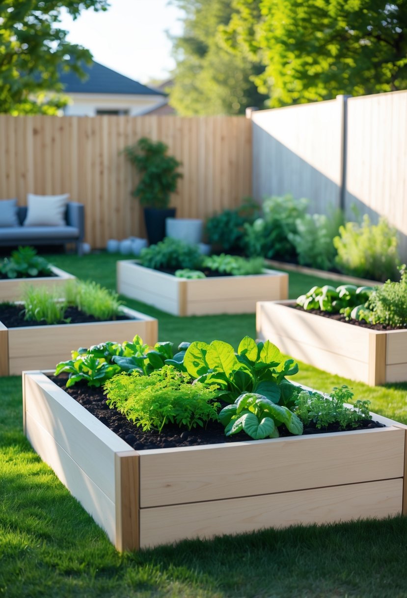A backyard with several raised garden beds containing green plants and vegetables, surrounded by a lawn and a wooden fence.