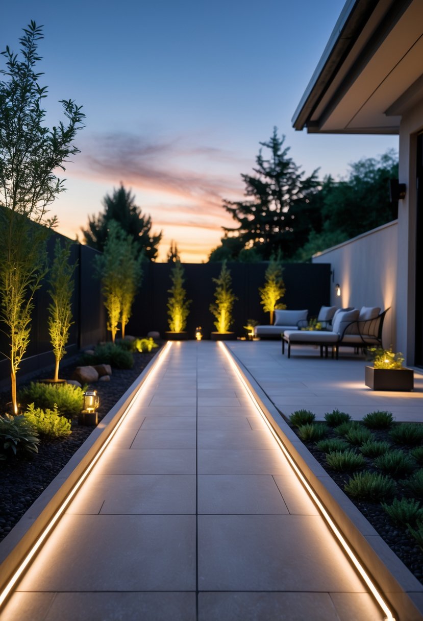 A modern backyard pathway lit by LED lights along the edges, surrounded by plants and outdoor furniture at dusk.