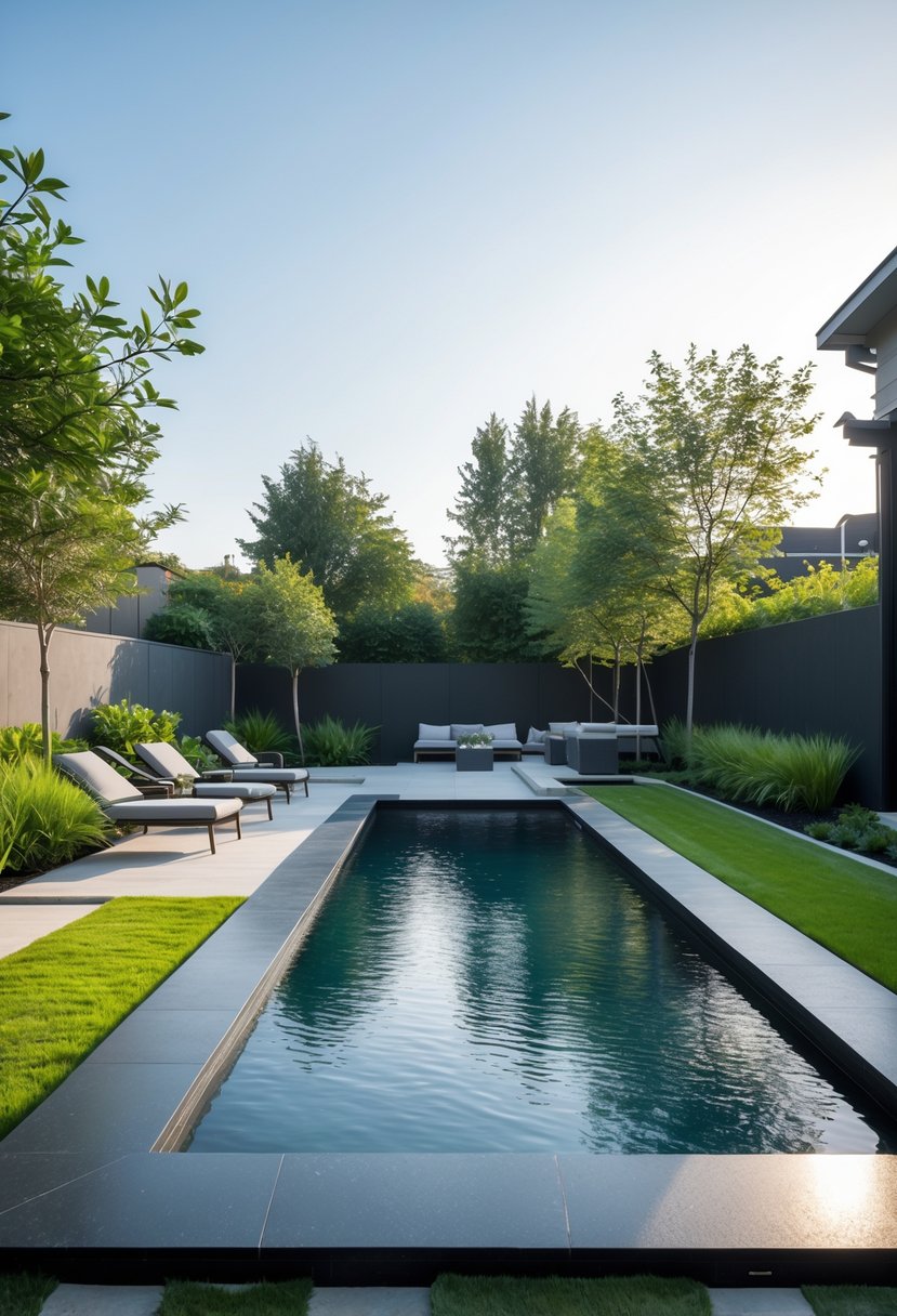 A backyard with a dark rectangular swimming pool surrounded by plants and outdoor furniture.