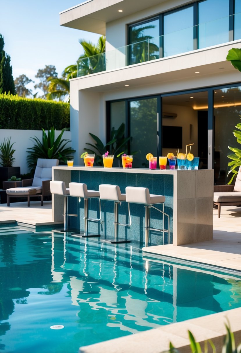 A modern backyard with a swim-up pool bar, clear water, bar stools in the pool, lounge chairs, plants, and a house in the background.