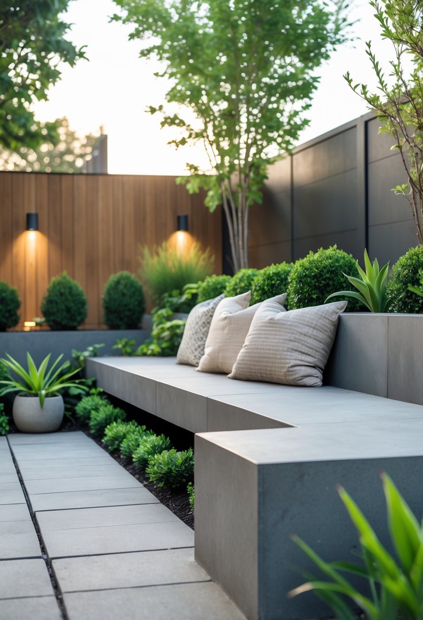 A modern backyard with built-in stone seating surrounded by plants and greenery.