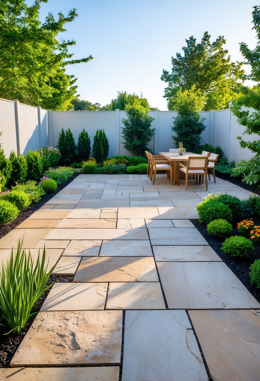 A backyard with natural stone patio flooring, outdoor furniture, green plants, and clear sky.