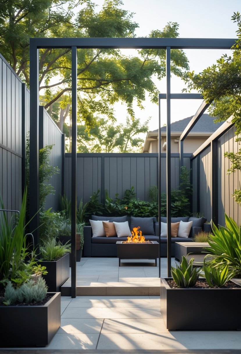 A modern backyard with sleek privacy screens, outdoor seating, and lush plants creating a private and inviting space.