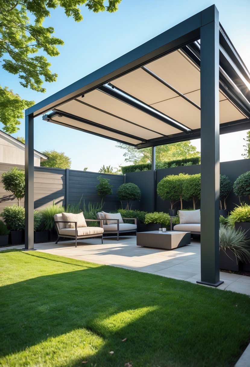A backyard with a modern pergola featuring a partially extended retractable canopy over an outdoor seating area surrounded by plants and grass.