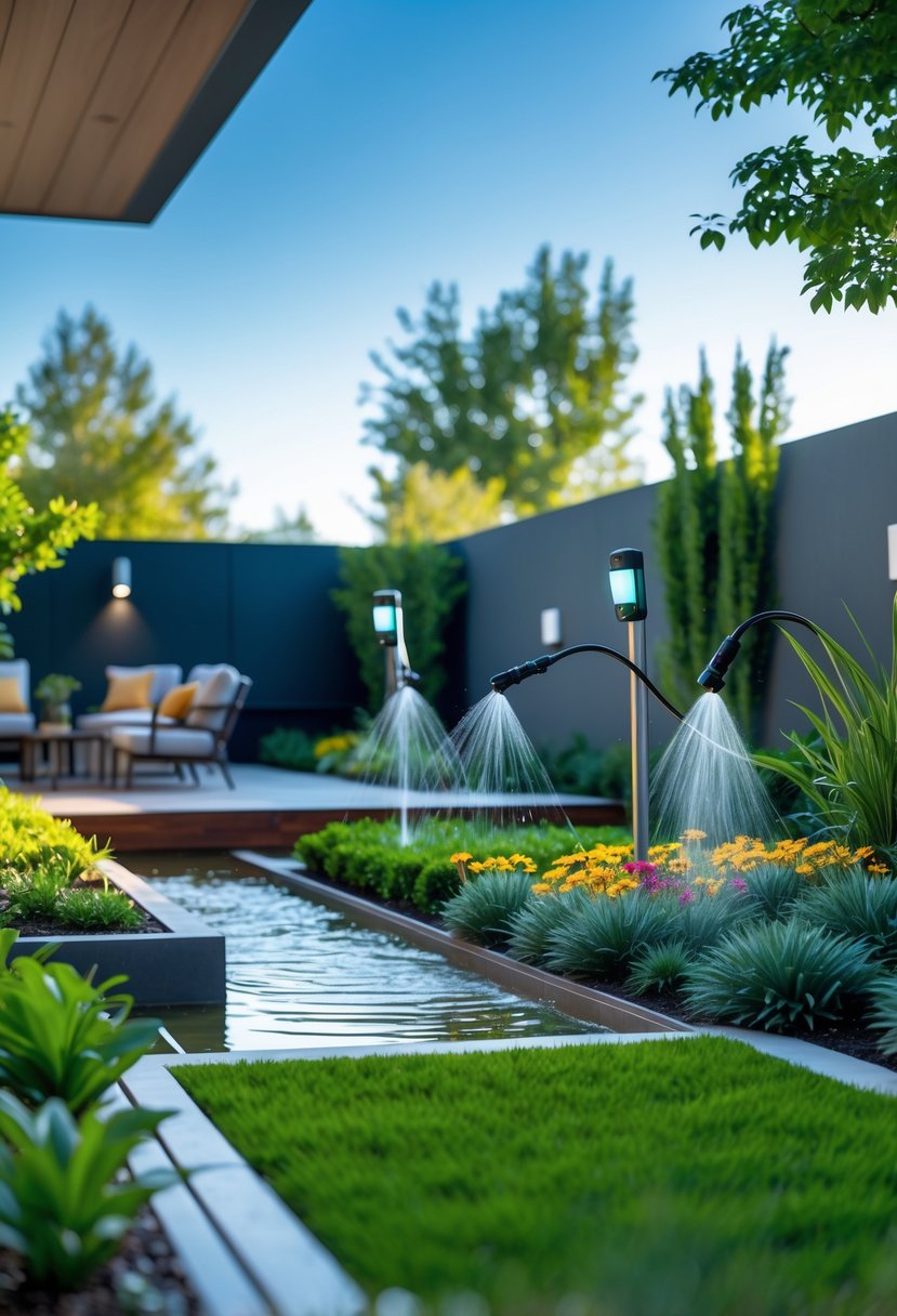 A modern backyard with green grass, flower beds, automated sprinklers watering plants, and outdoor furniture.