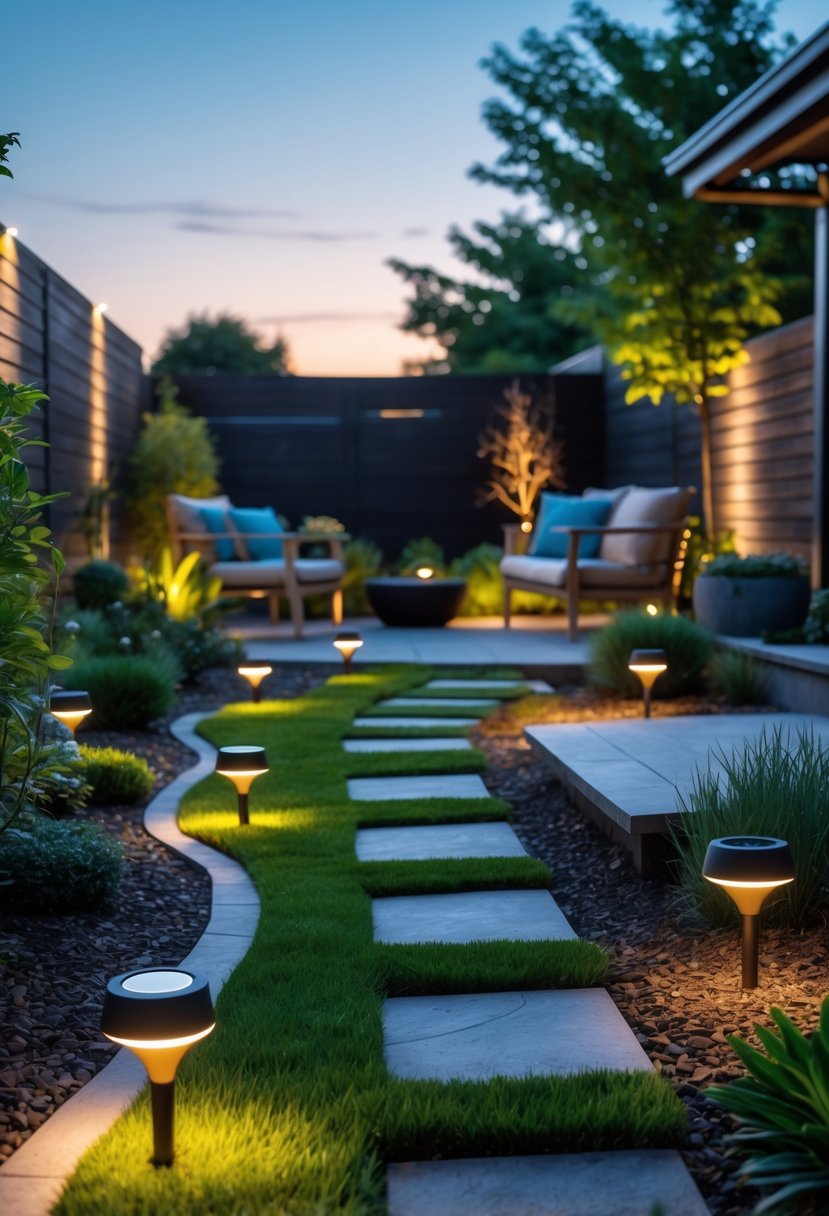 A modern backyard garden at dusk with solar-powered lights glowing along pathways and around outdoor seating areas.
