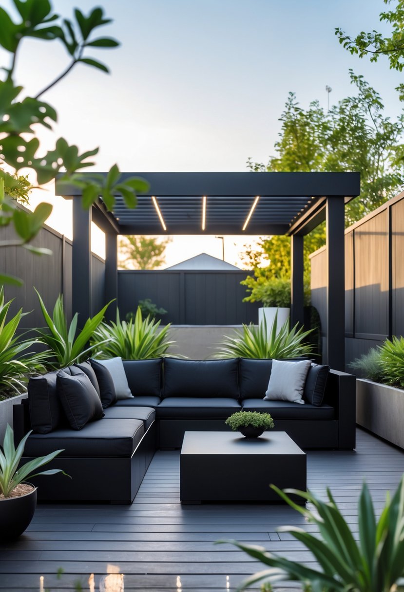 A backyard with matte black outdoor furniture arranged on a wooden deck surrounded by plants and a pergola in the background.