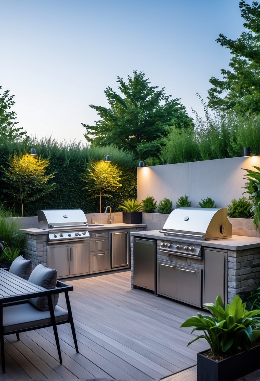 A backyard with an integrated outdoor kitchen, dining table, chairs, and surrounding plants.