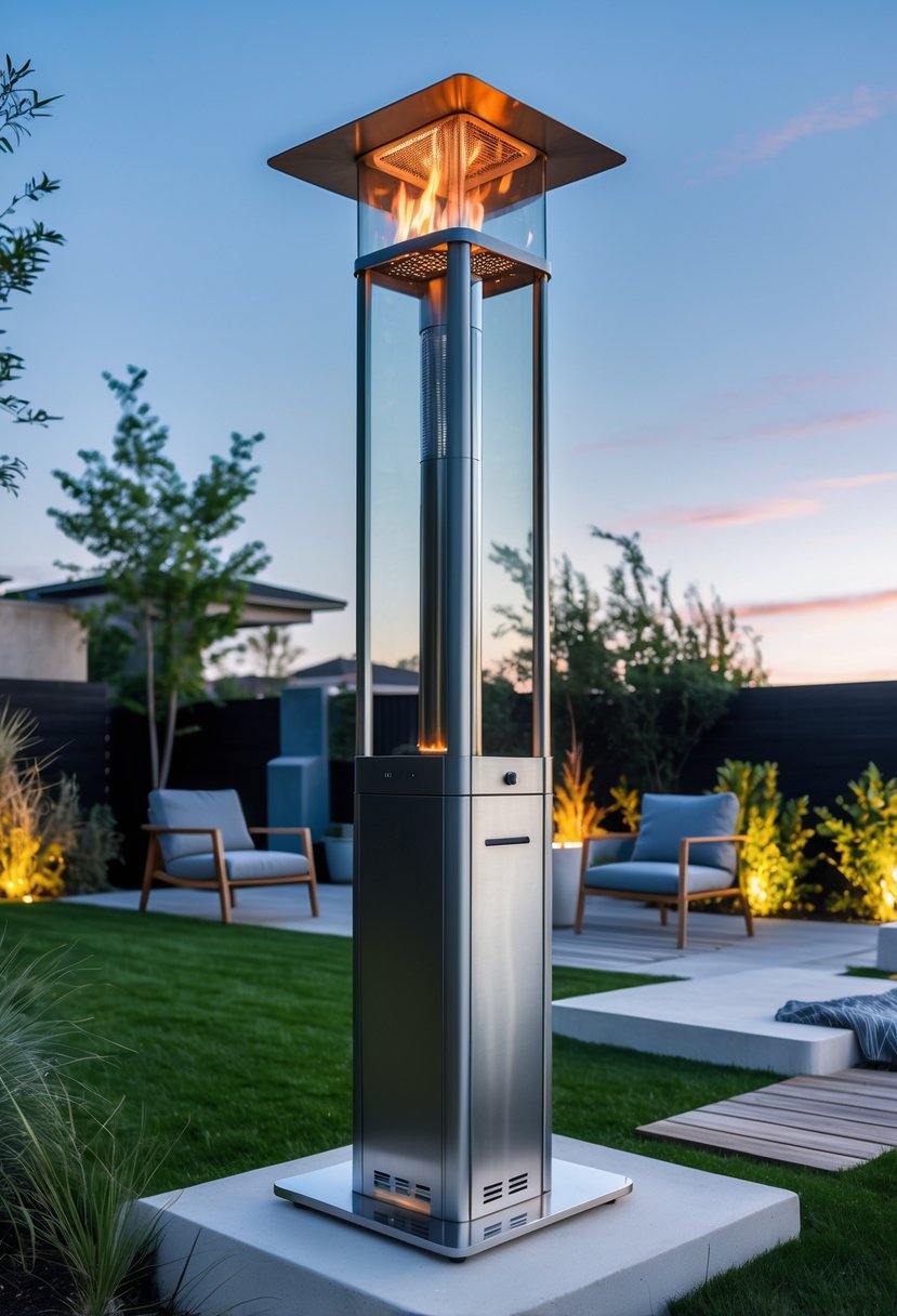 A modern backyard with an outdoor heater surrounded by seating and plants during dusk.