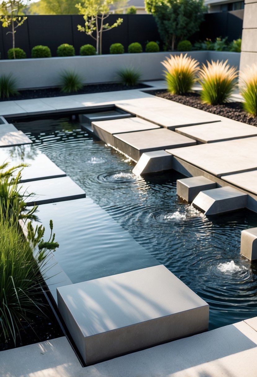A backyard with a rectangular water feature showcasing geometric shapes, surrounded by plants and stone pathways.
