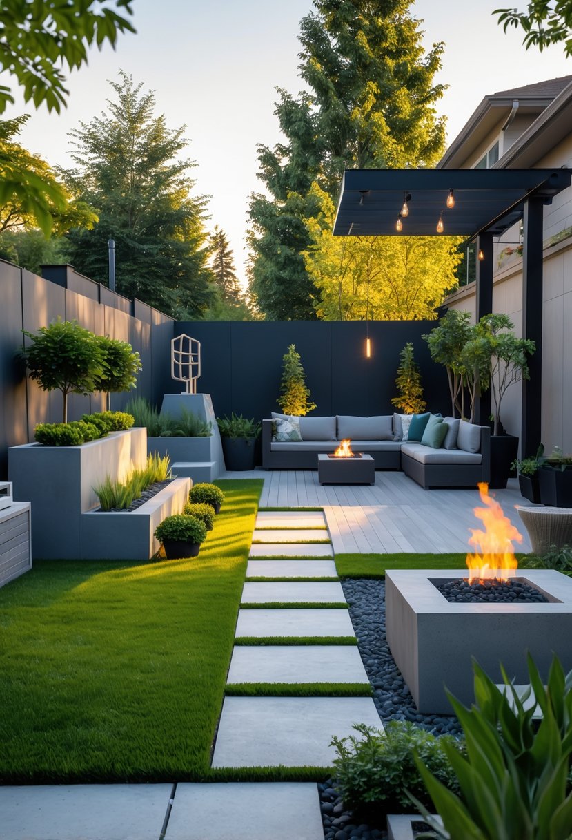 A modern backyard with a lawn, stone pathways, outdoor furniture, plants, lighting, a pergola, water feature, and barbecue area under warm sunlight.