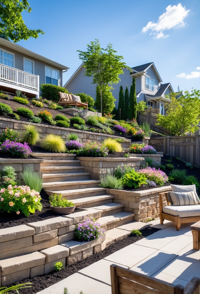 A sloped backyard with terraced garden beds, stone steps, a wooden retaining wall, and a seating area surrounded by plants and gardening tools.