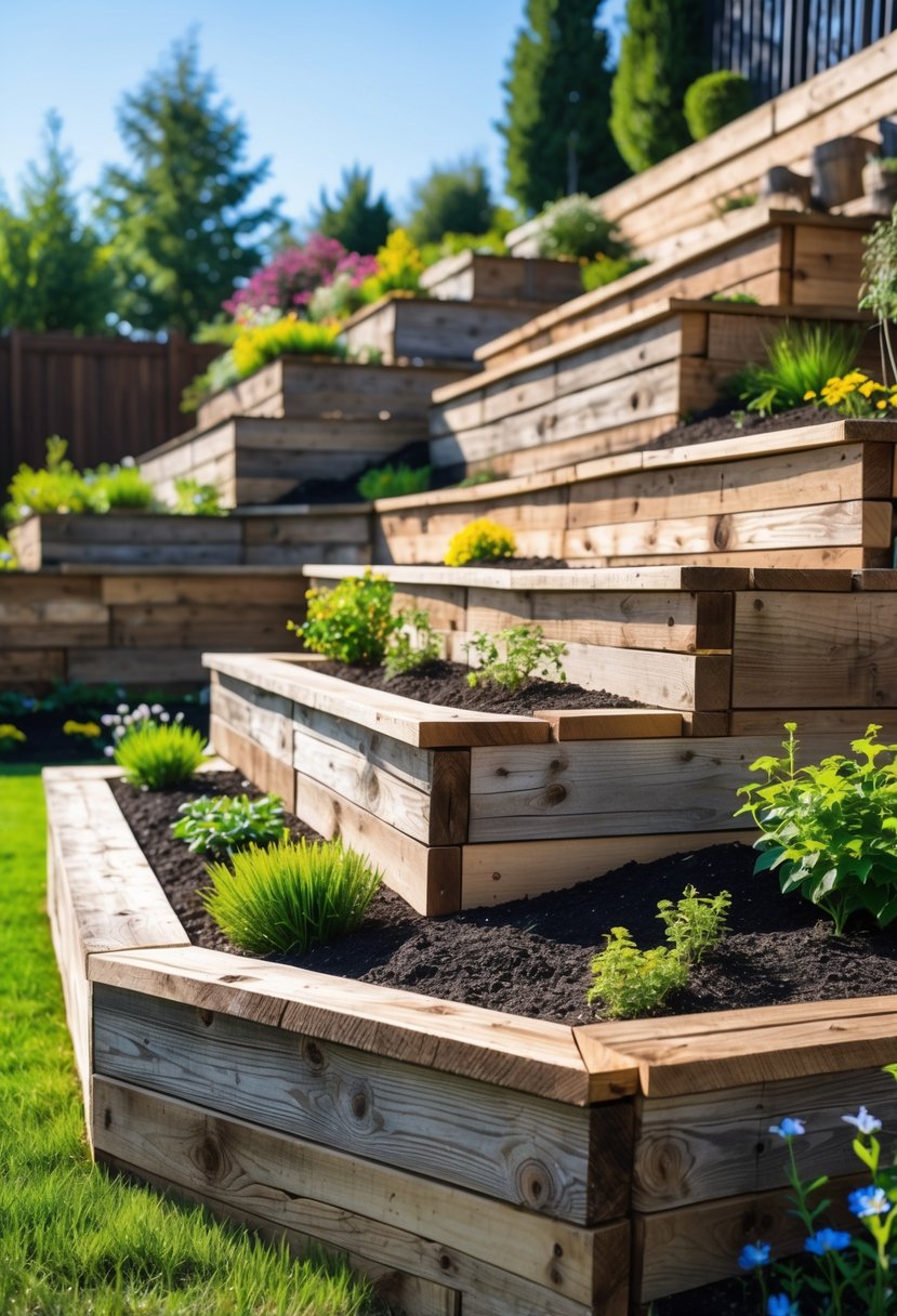 A backyard with terraced retaining walls made of reclaimed wood on a sloped landscape, surrounded by grass and plants.