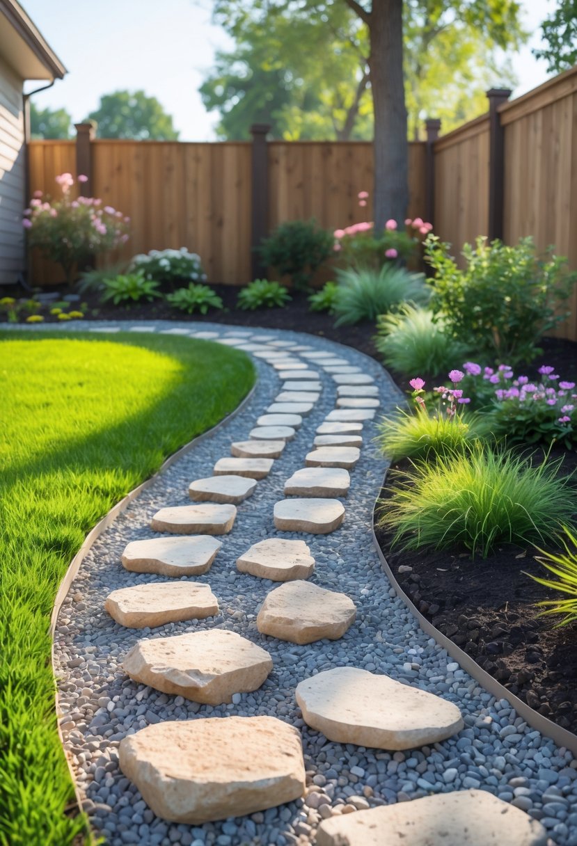 A backyard with a gravel pathway and stepping stones surrounded by grass, plants, and trees.