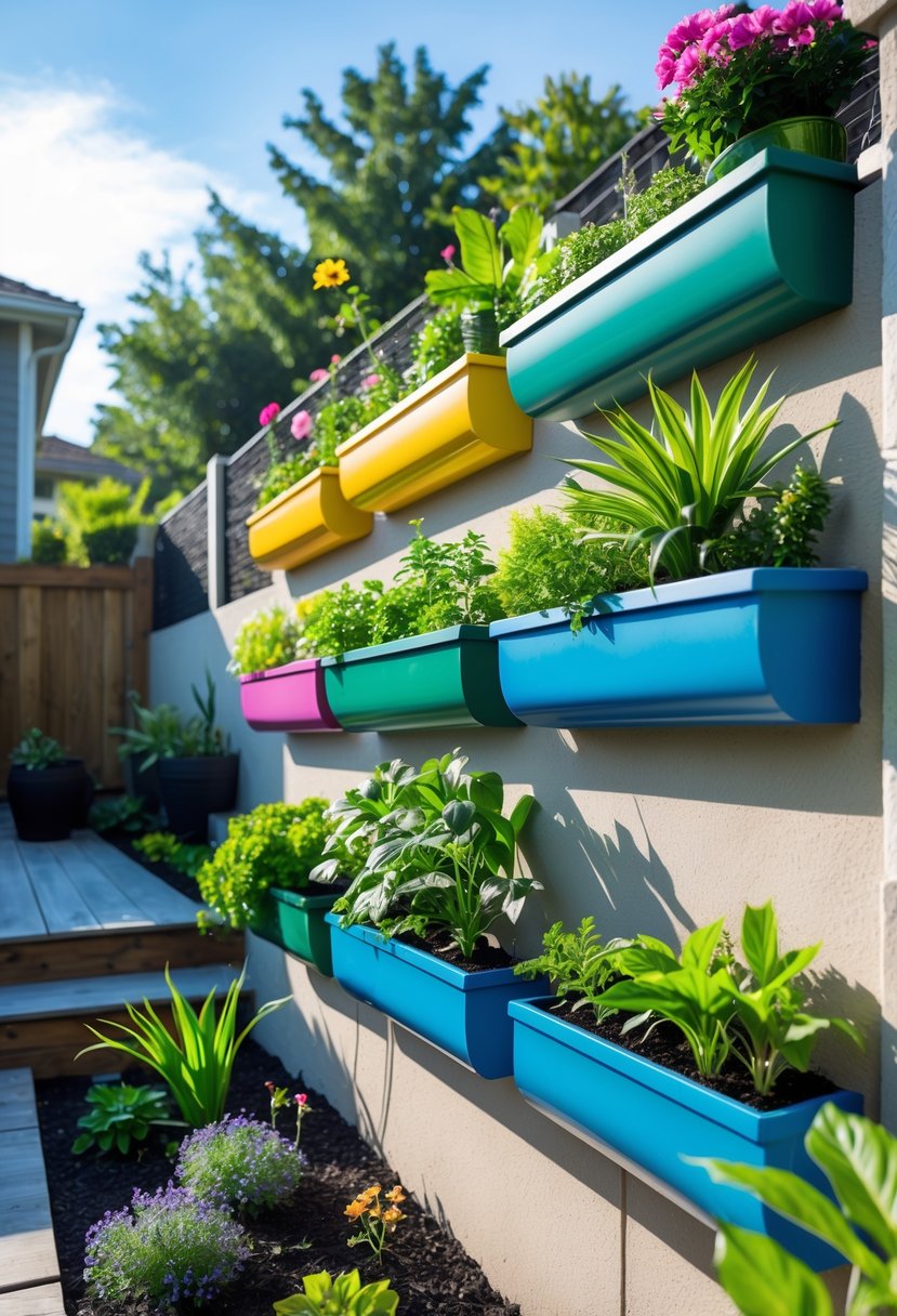 A backyard with a sloped wall covered in multiple wall planters filled with green plants and flowers.