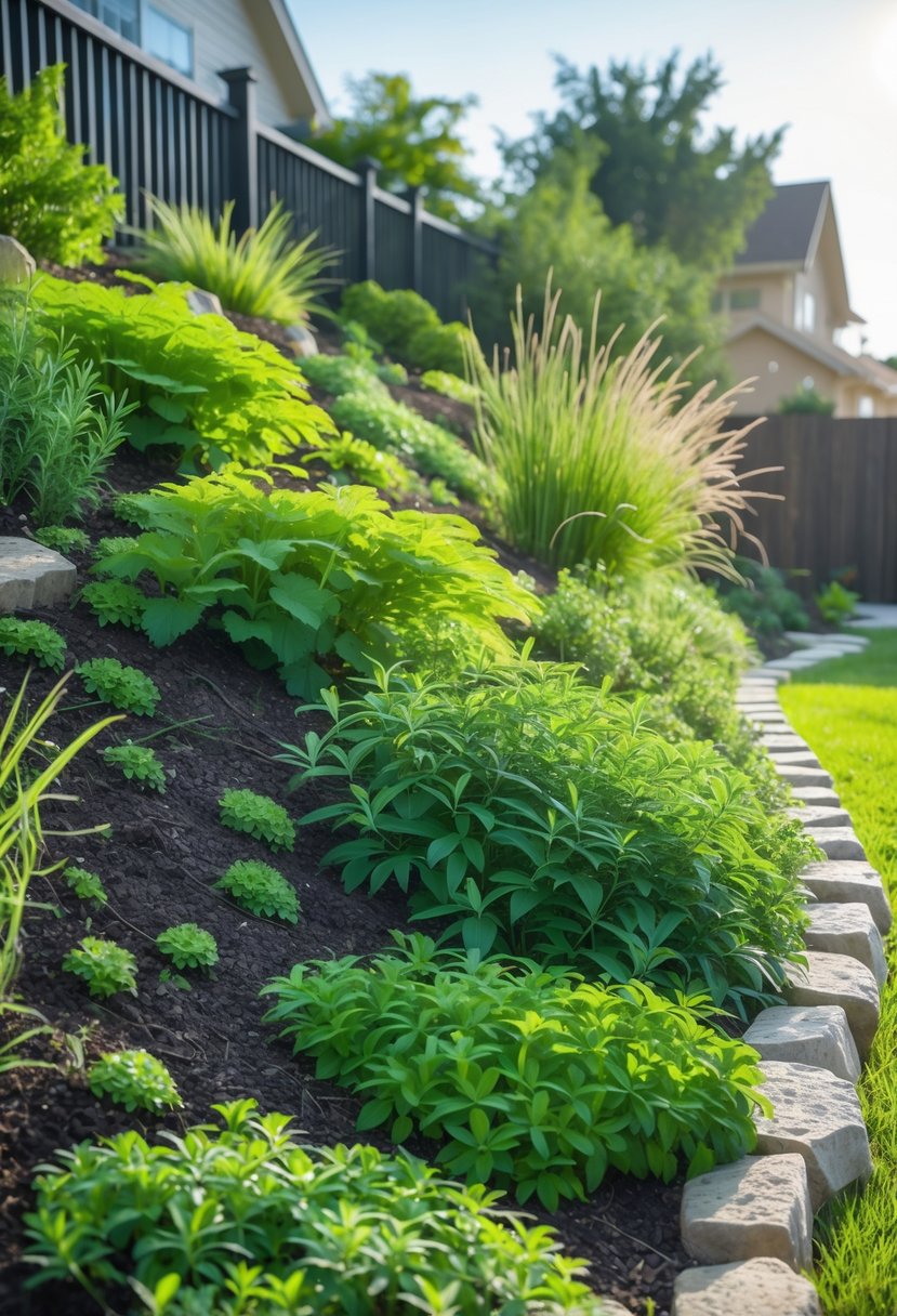 A sloped backyard covered with dense native ground cover plants to prevent soil erosion, featuring natural stone edging and small shrubs under clear daylight.