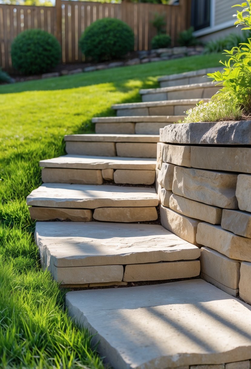 Stone steps built into a gentle backyard slope surrounded by grass and plants.