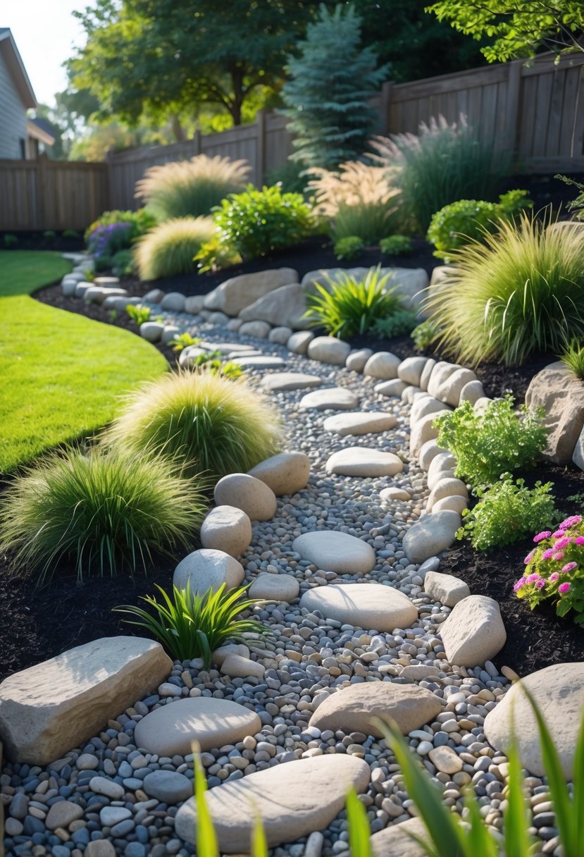 A sloped backyard with a dry creek bed made of stones and surrounded by green plants and flowers.