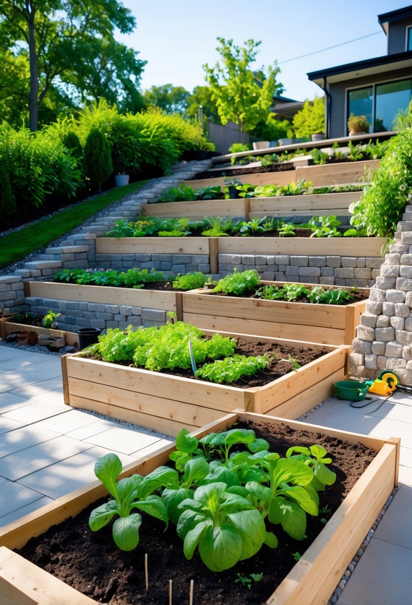 Backyard with raised garden beds arranged on leveled terraces along a gentle slope, filled with green plants and bordered by stone or wooden retaining walls.