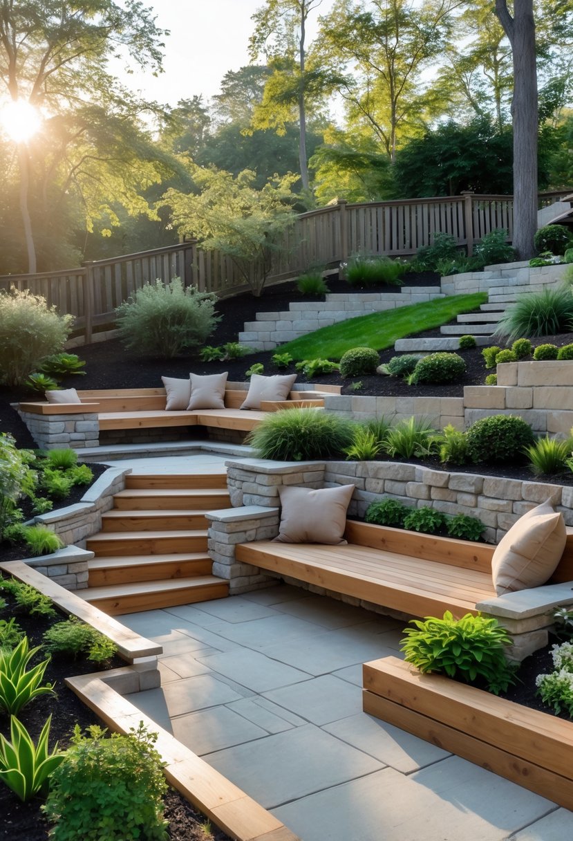 A backyard with built-in wooden benches on sloped terrain surrounded by plants and stone pathways.
