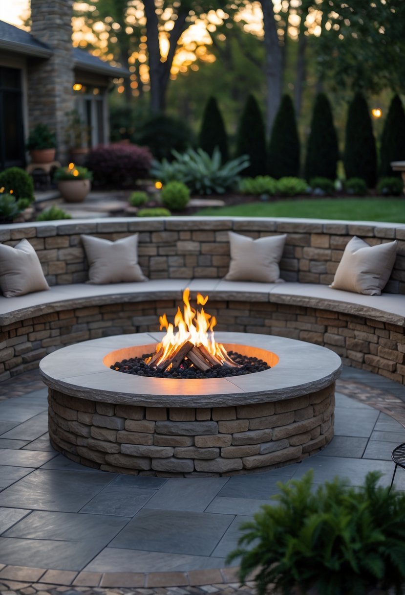 A built-in stone fire pit with a curved stone seating wall on an outdoor patio surrounded by plants and trees.