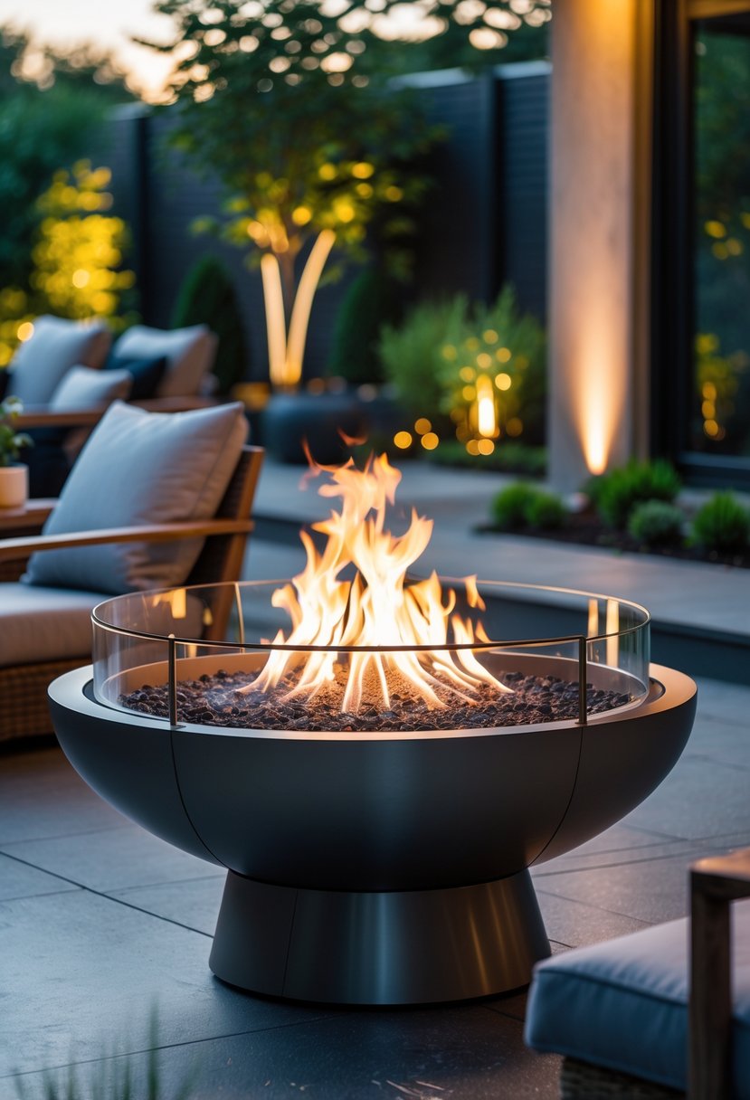 A modern metal fire bowl with a glass wind guard lit on a patio surrounded by outdoor furniture and greenery.