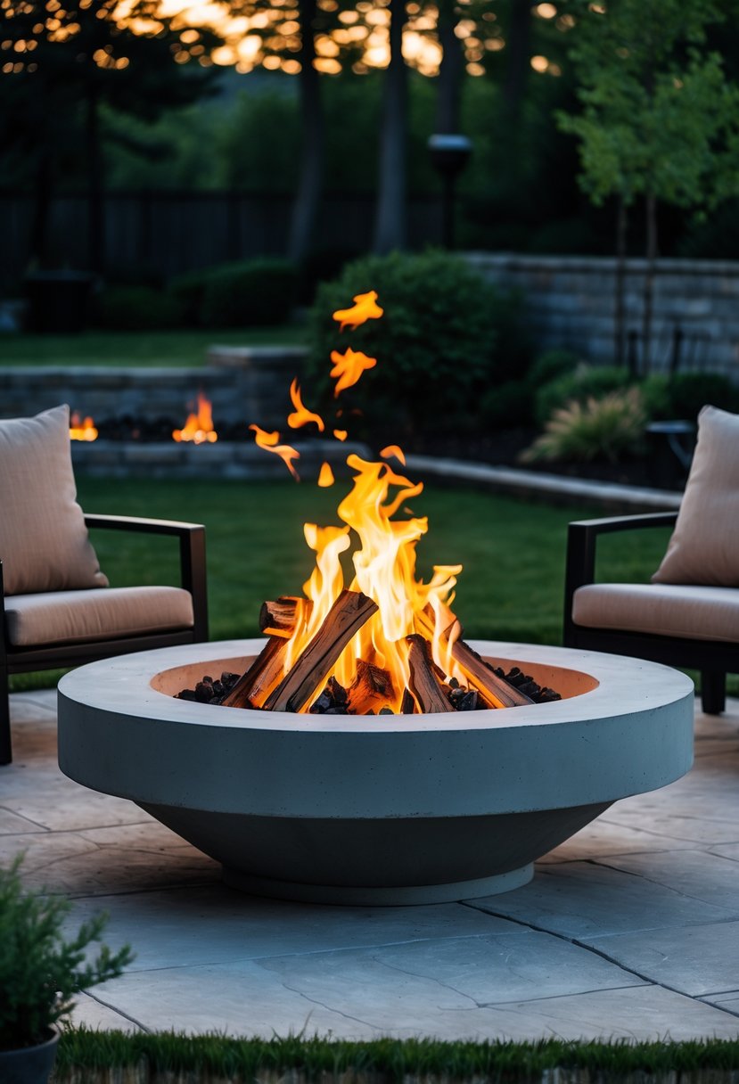 A circular concrete fire pit with flames burning, surrounded by outdoor chairs on a patio with plants and grass in the background.