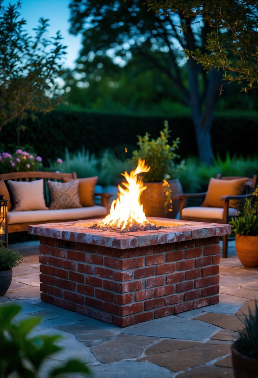 Square brick fire pit lit with flames on a stone patio surrounded by outdoor seating and greenery.