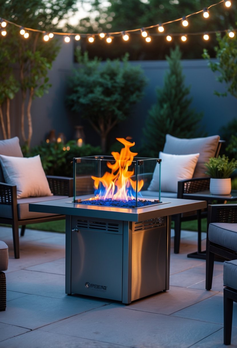 A portable propane fire pit table lit on a patio surrounded by outdoor furniture and plants in a garden setting.