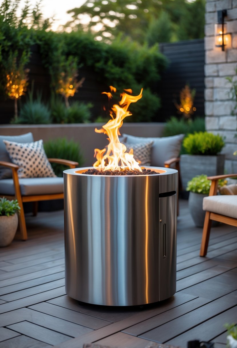 A smokeless steel fire pit with bright flames on a patio surrounded by outdoor chairs and plants.