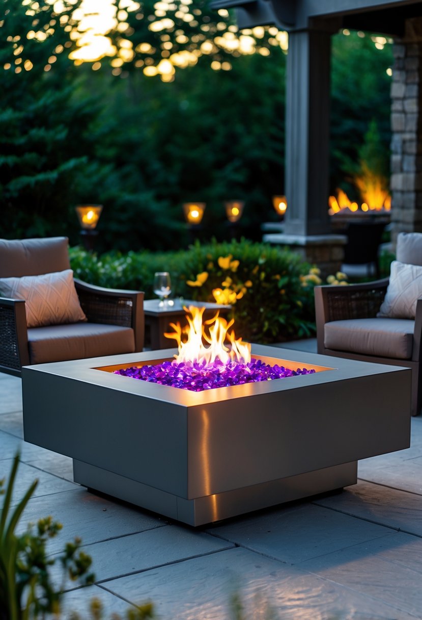 Outdoor patio with a gas fire pit filled with fire glass, surrounded by chairs and plants at dusk.