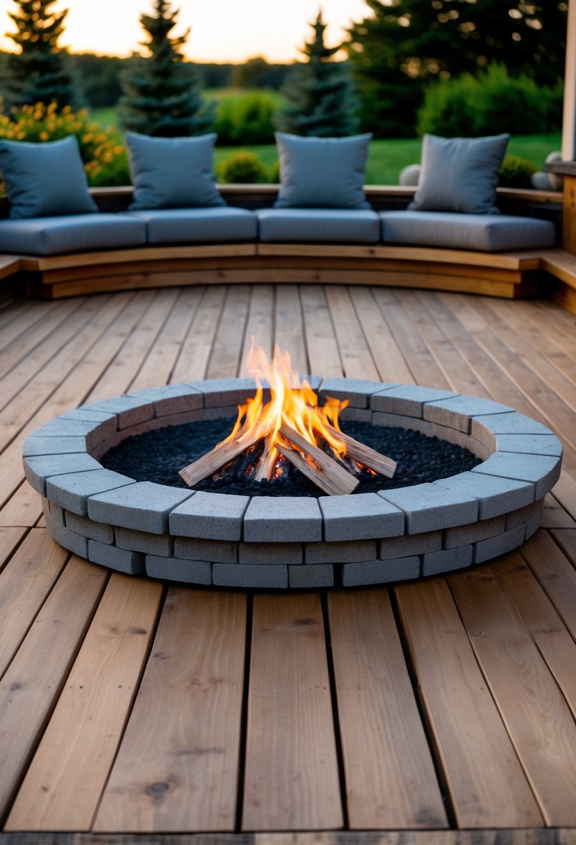 Sunken circular fire pit with glowing flames surrounded by a wooden deck and outdoor seating.
