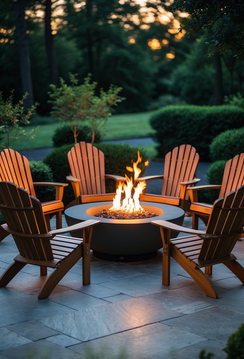 Outdoor patio with a fire pit surrounded by six wooden Adirondack chairs and green plants in the background.