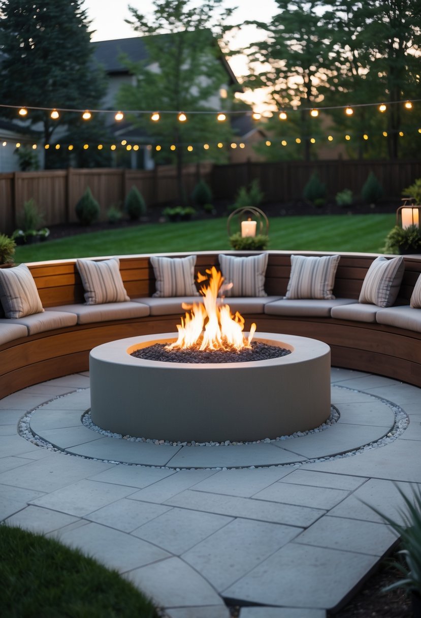 Outdoor patio with a circular fire pit surrounded by built-in bench seating and cushions, set in a green backyard with plants and soft lighting.