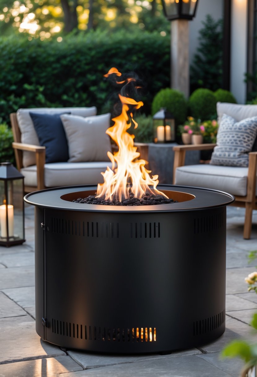 A black steel drum fire pit with flames burning on a patio surrounded by outdoor furniture and greenery.