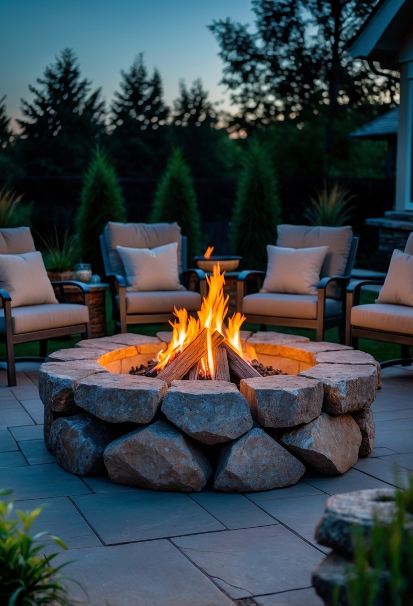 A backyard patio with a circular natural boulder fire pit surrounded by outdoor seating and plants, with flames burning in the fire pit.