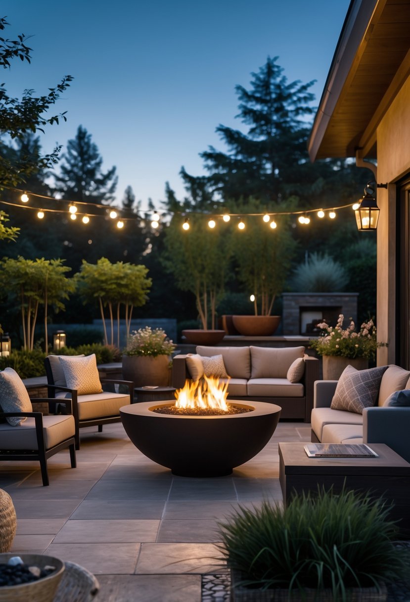 Outdoor patio with a fire pit surrounded by seating and plants during dusk.